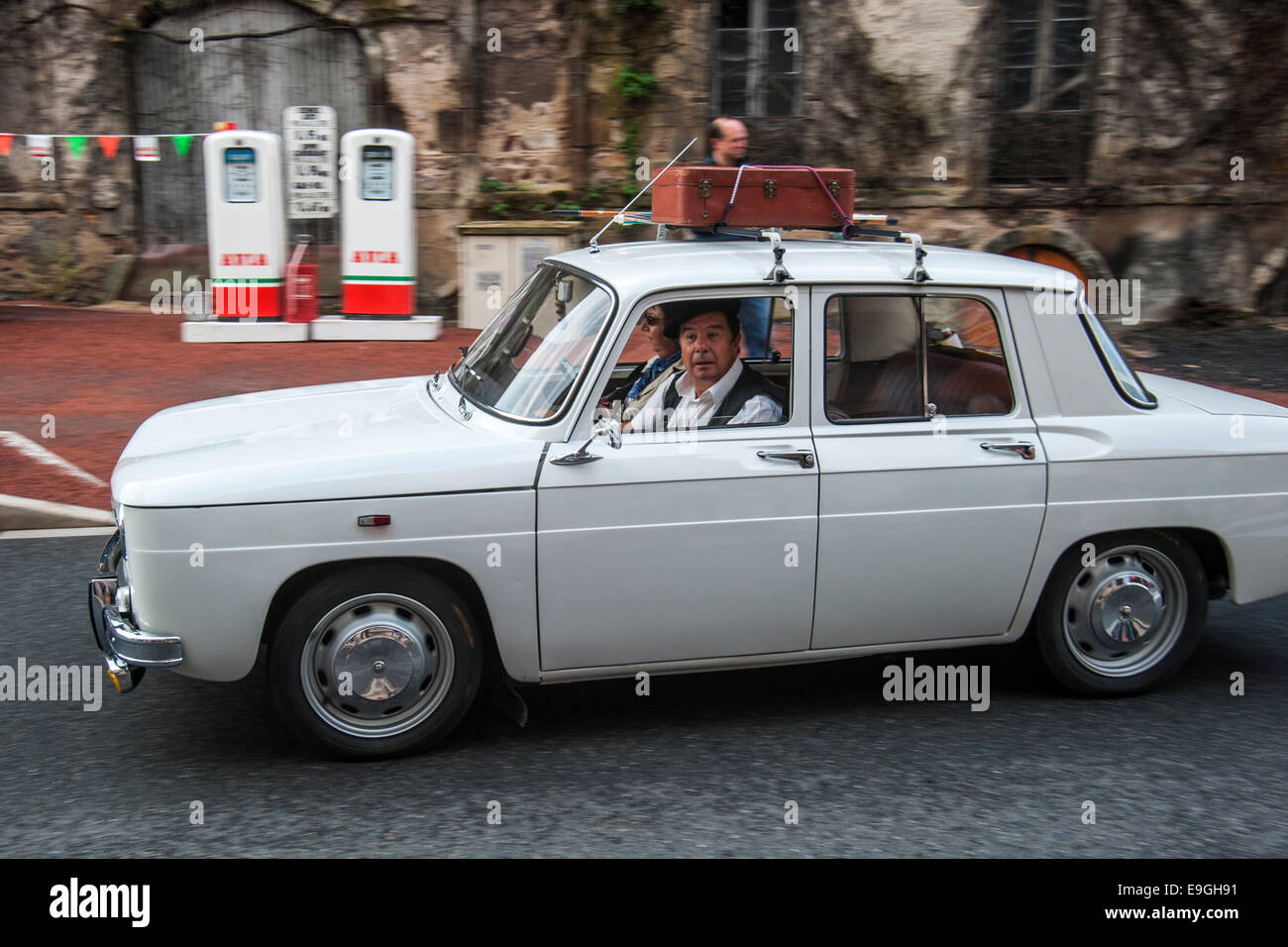 Renault 8 with suitcase on luggage carrier during the Embouteillage de la Route Nationale 7, happening for oldtimers, Lapalisse Stock Photo