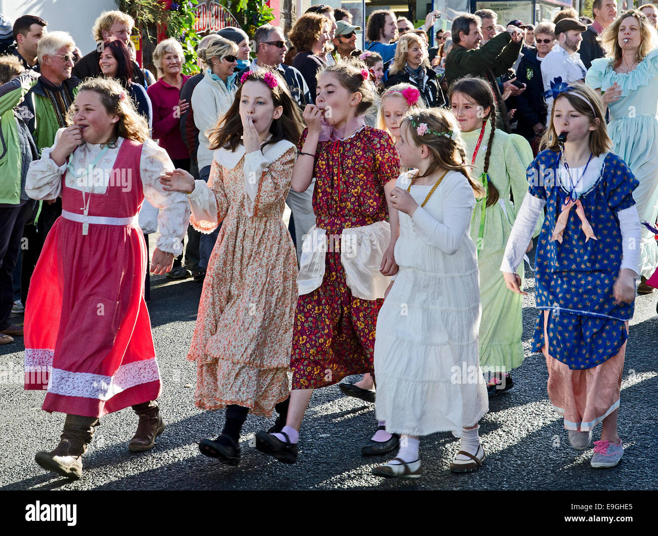 Young girls in the Hal an Tow celebrations on Flora day in Helston, Cornwall, UK Stock Photo