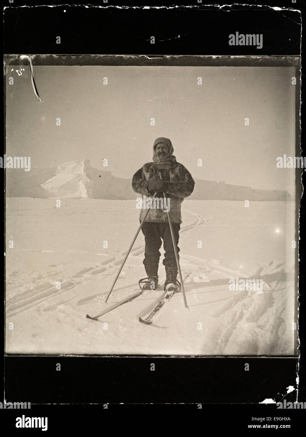 This photograph shows Adolf Lindstrøm skiing on the ice in Hvalbukta ...
