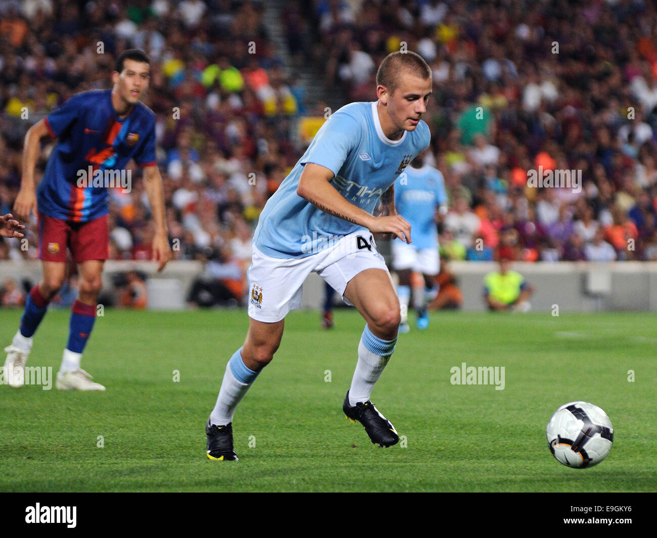 BARCELONA, SPAIN - AUG 19: Vladimir Weiss, Manchester City player, plays against Barcelona. Joan Gamper Throphy at the Camp Nou. Stock Photo