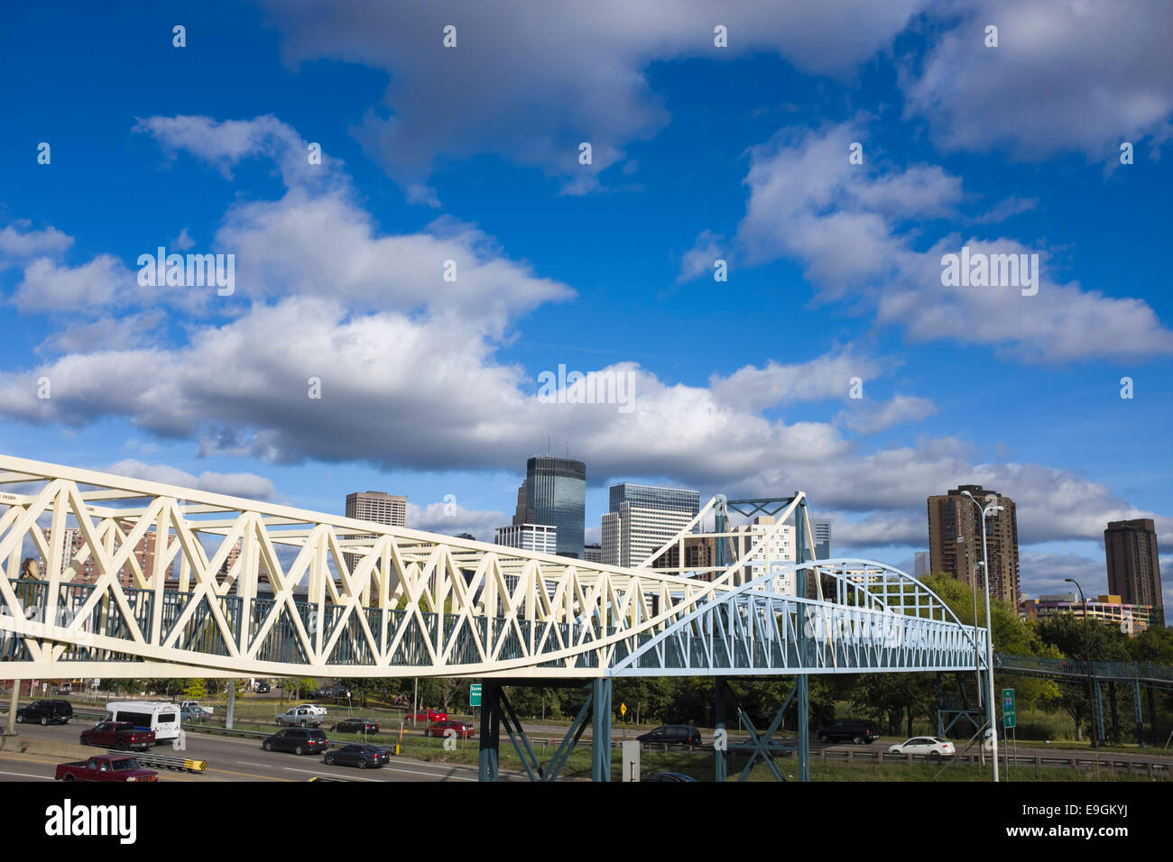 Armajani Bridge near Walker Art Center and Minneapolis Skyline. Stock Photo
