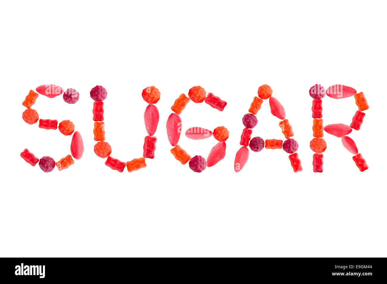 Word SUGAR made of red sugary candies, isolated on white background Stock Photo