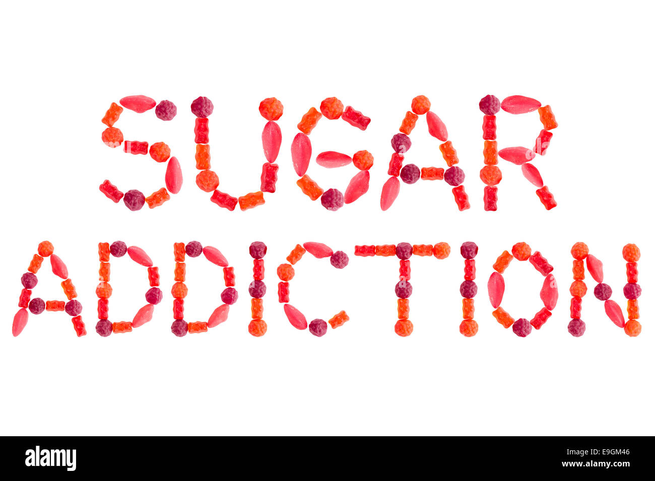 Words SUGAR ADDICTION made of red sugary candies, isolated on white background Stock Photo