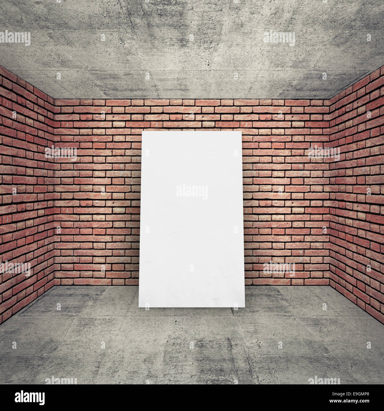 White blank banner in empty room interior with brick walls and concrete floor. Square 3d background Stock Photo