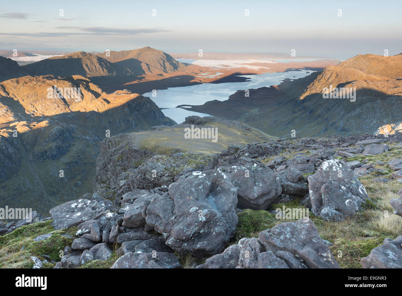 View over Letterewe Wilderness from north west ridge of A' Mhaighdean, Fisherfield Forest, Scotland Stock Photo