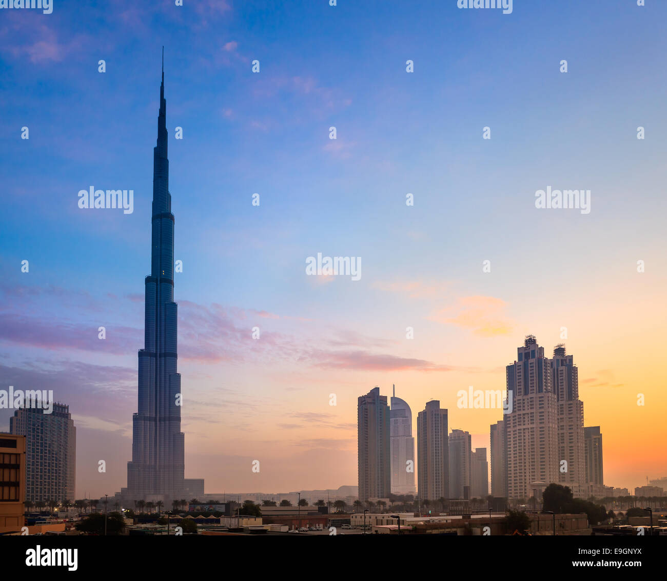 Dubai skyline with Burj Khaleefa the tallest building over the horizon. Stock Photo