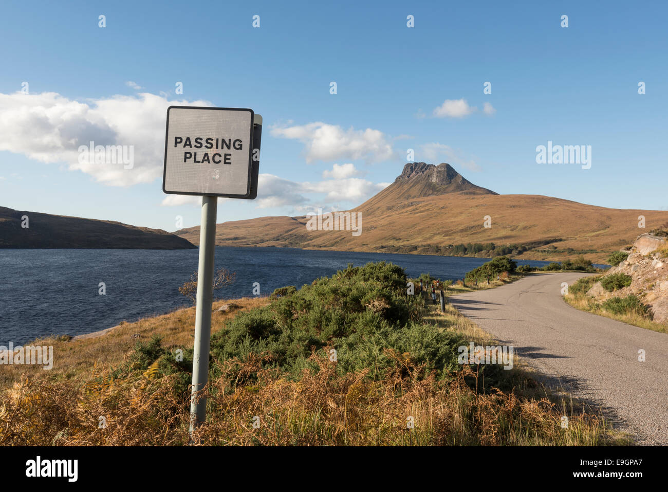 Passing place near Loch Lurgainn and Stac Pollaidh, Coigach, Assynt, NW Scotland Stock Photo