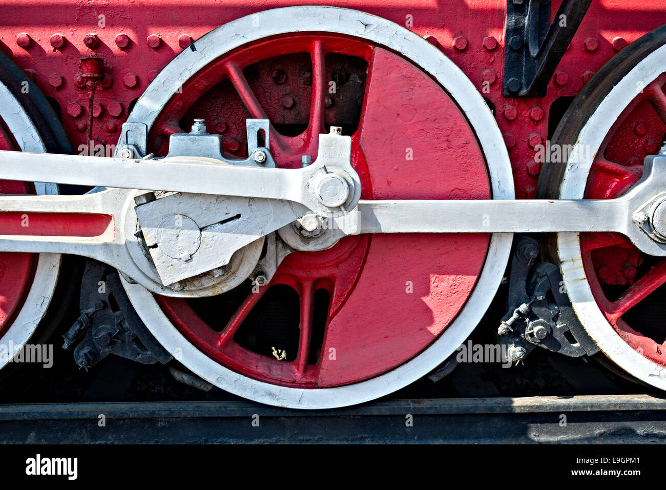 Closeup view of steam locomotive wheels, drives, rods, links and other mechanical details. Braking system Stock Photo
