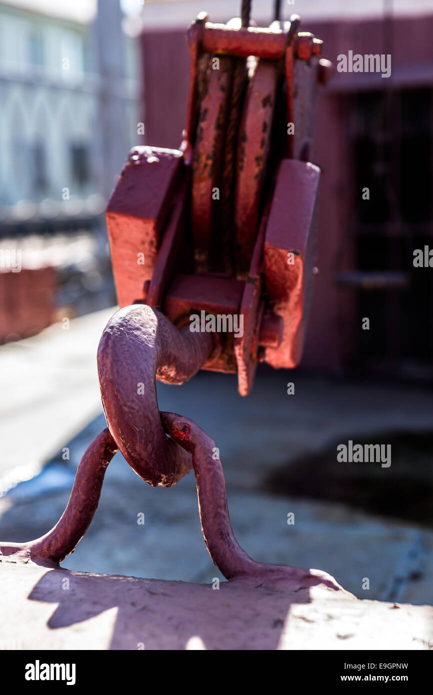 Closeup view of a railway crane hook and ropes in fixed position ...