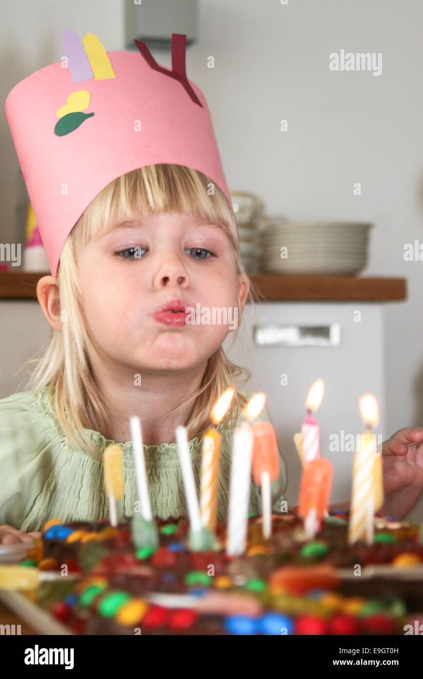 Young girl blowing out candles on her birthday cake Stock Photo Alamy