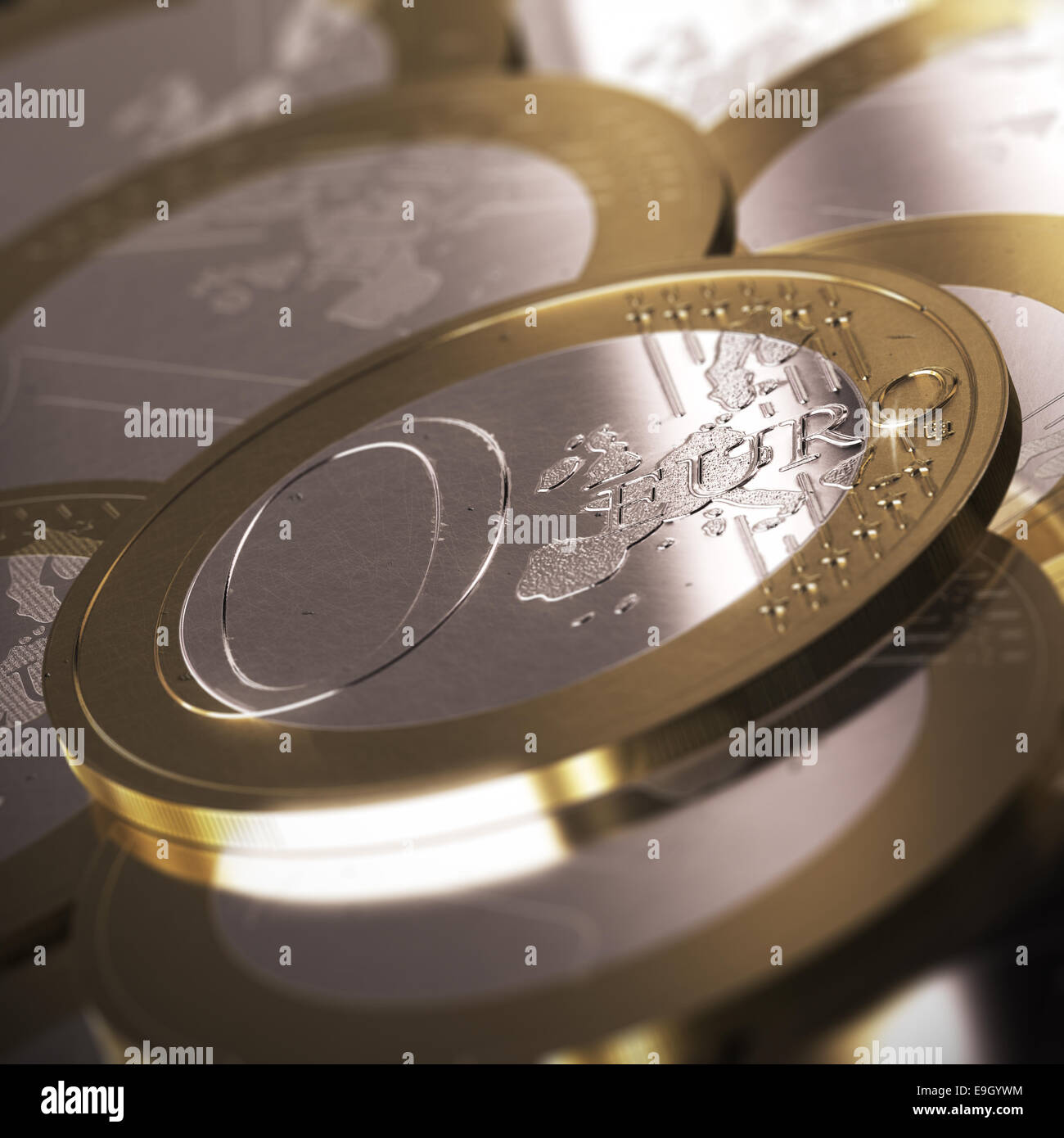 Zero Euro Coin over many other coins. Symbol of free credit, or something that cost nothing. Realistic 3D image with details, sc Stock Photo