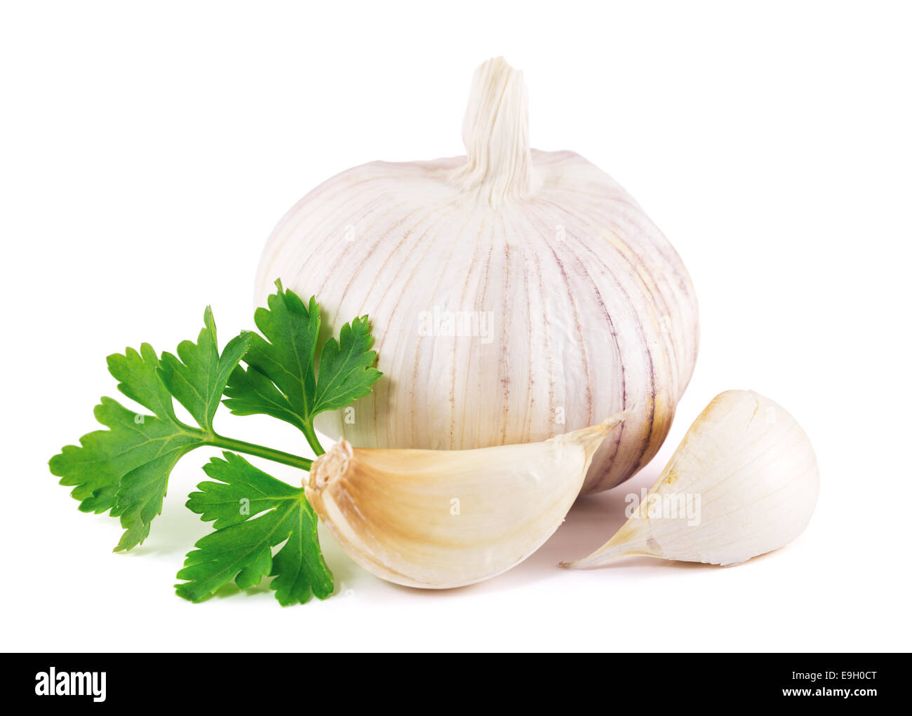 garlic with parsley leaves on a white background Stock Photo - Alamy