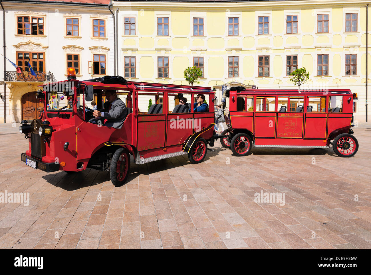 Vintage bus with trailer for city tours, Bratislava, Slovakia Stock Photo
