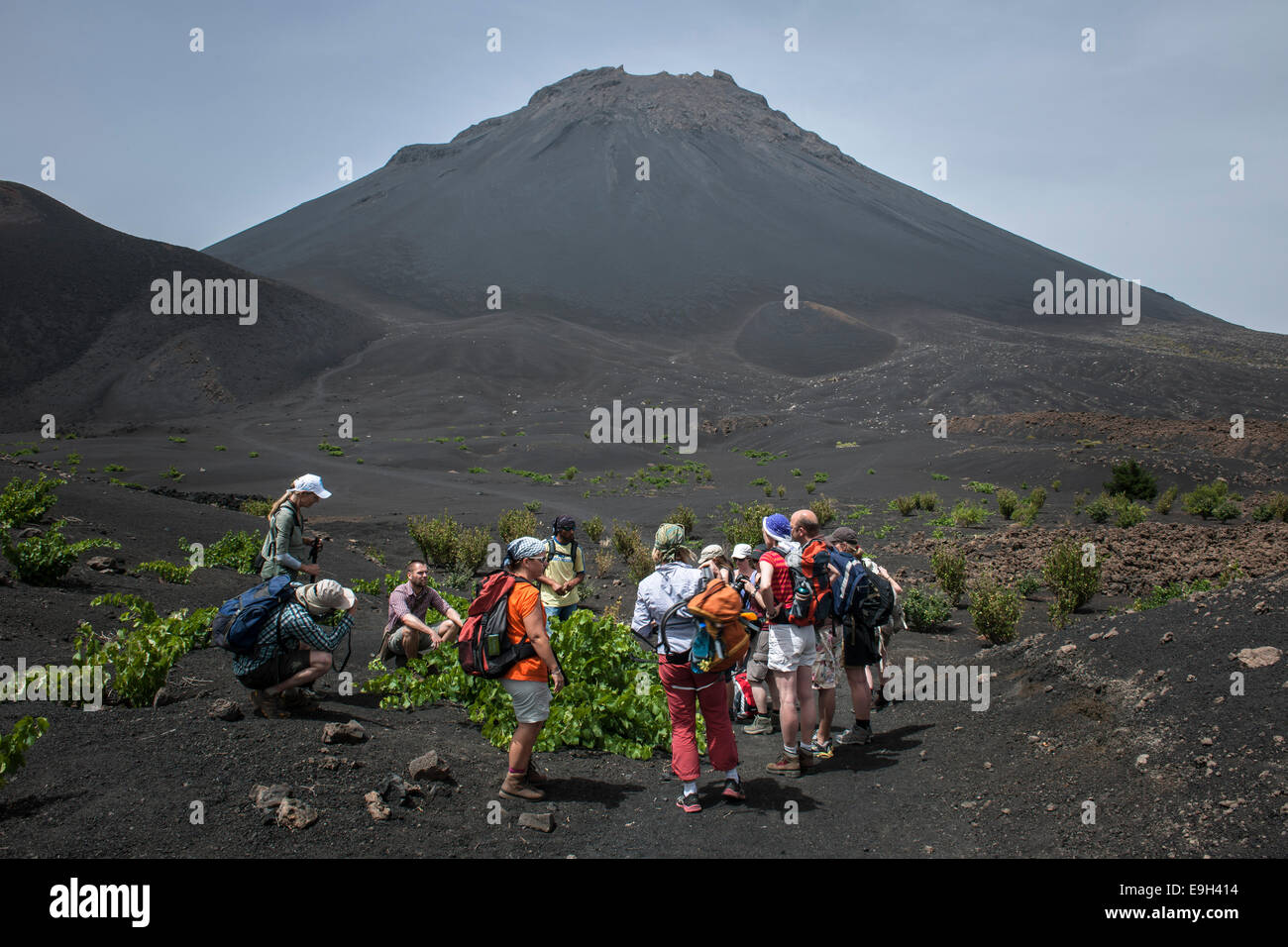 Hikers in front of the volcano Pico do Fogo, Fogo National Park, Fogo