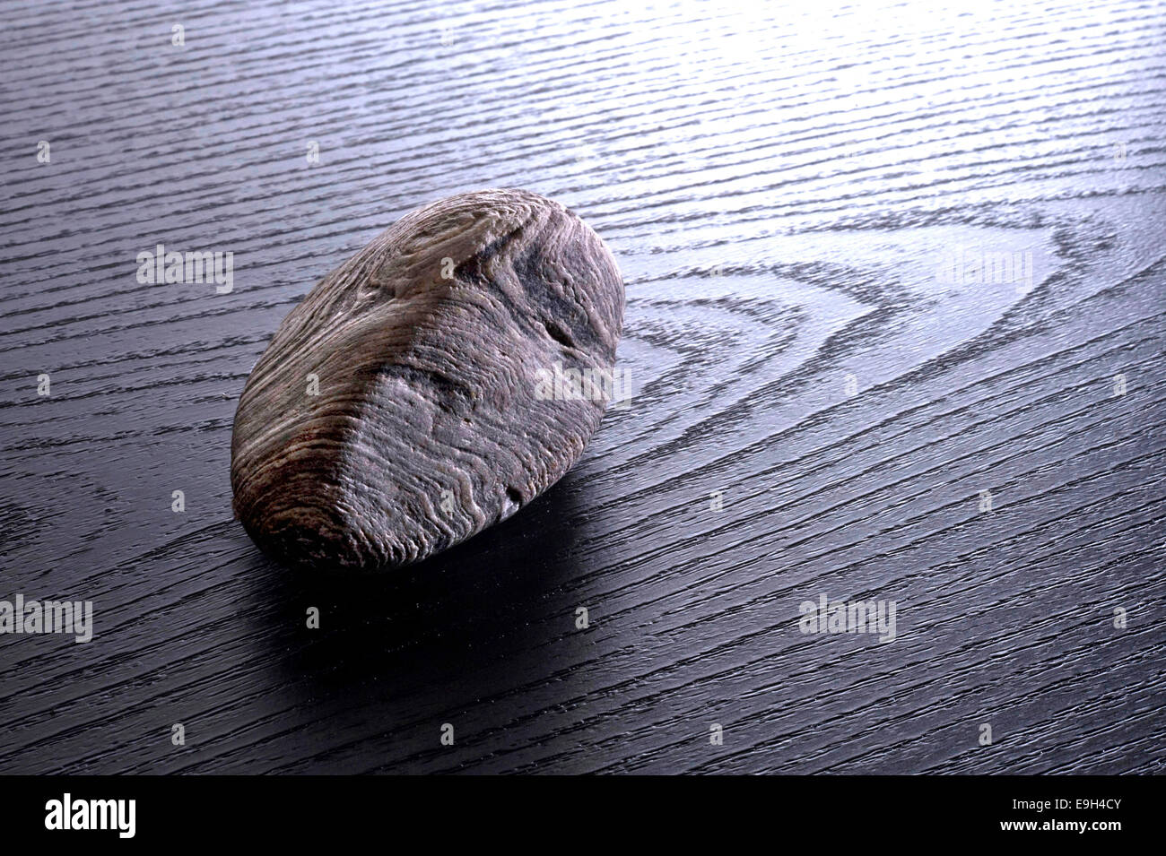 Structured stone lying on grained black wood Stock Photo