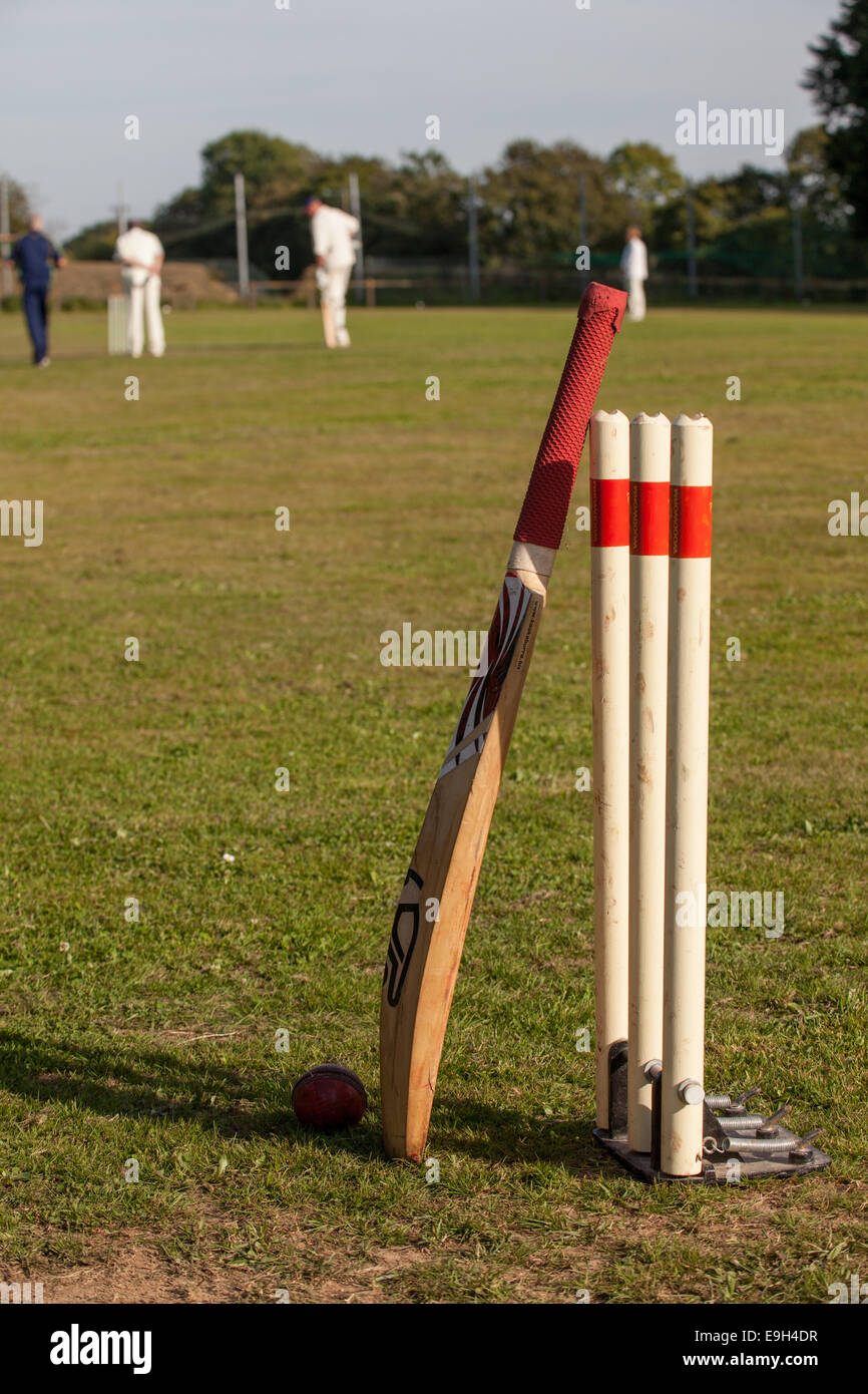 Cricket ball with bat resting against stumps Stock Photo