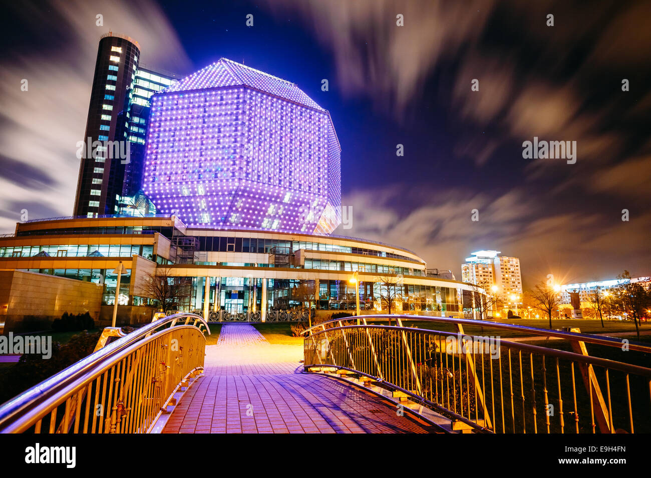 Unique Building Of National Library Of Belarus In Minsk At Night Scene. Building Has 23 Floors And Is 72-metre High. Stock Photo