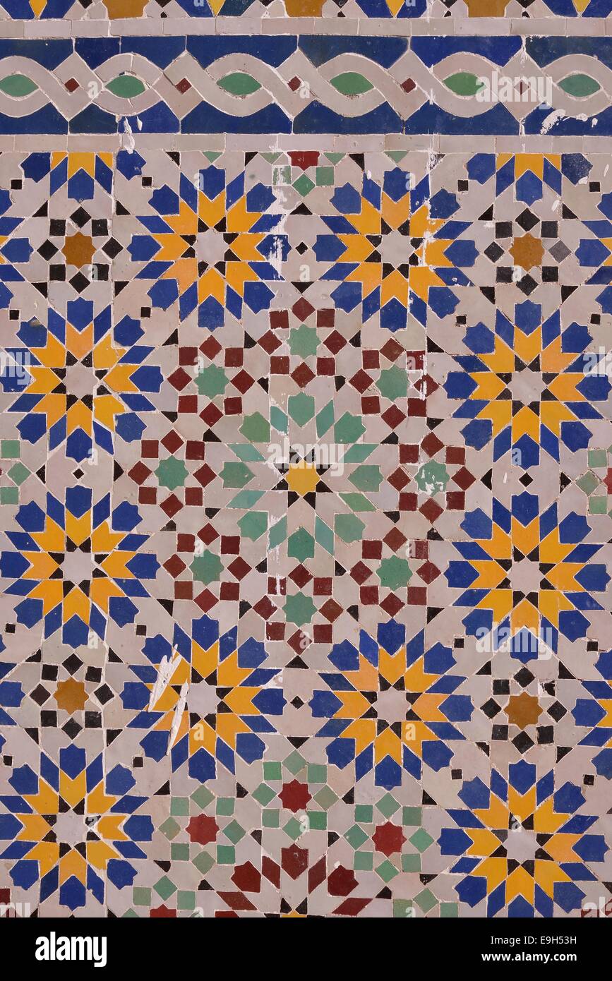 Wall mosaic of the Zaouia, mausoleum in the madrasa, Tamegroute, Souss-Massa-Draa region, Morocco Stock Photo
