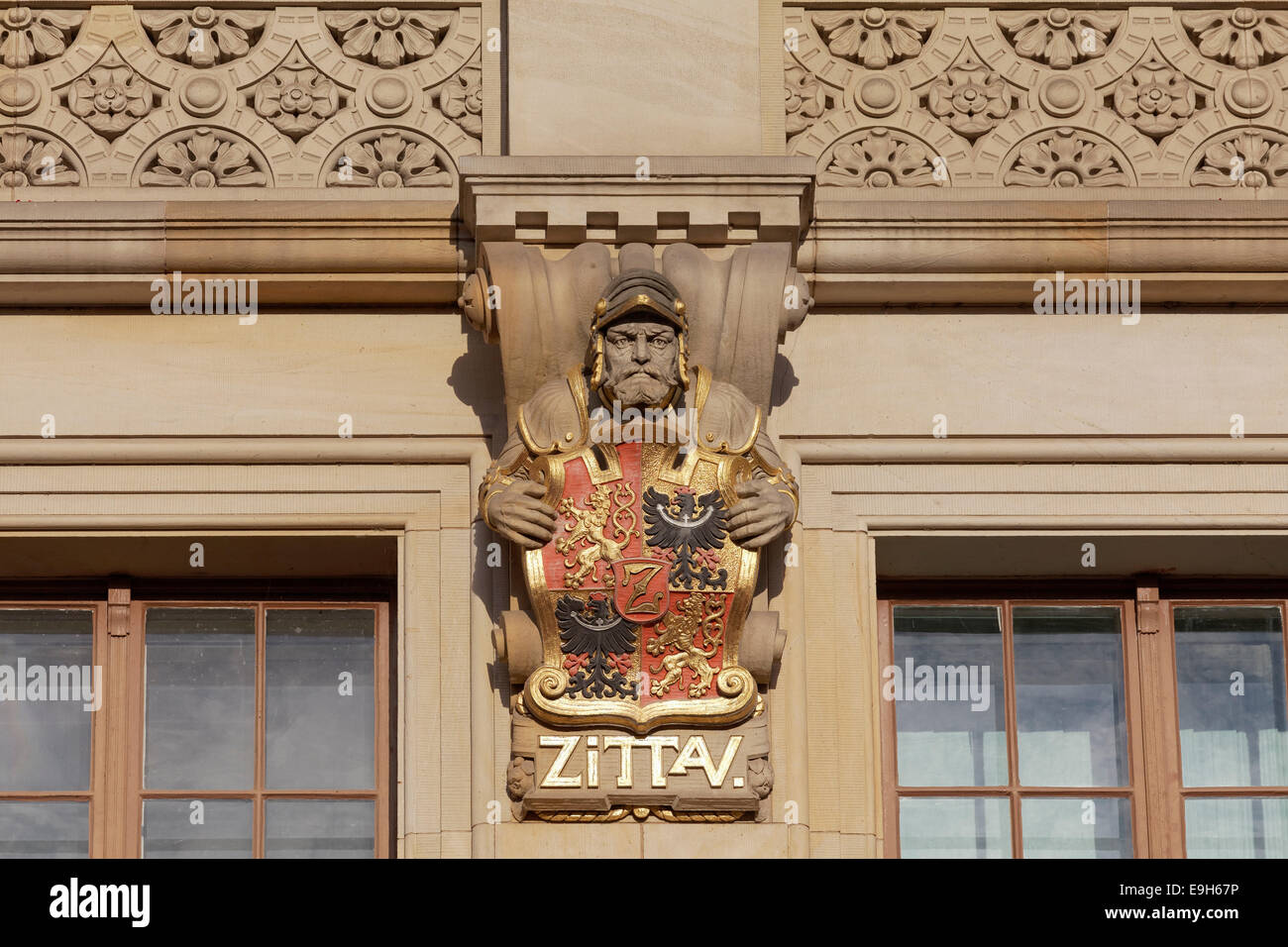 Coat of arms of the Lusatian League, six towns in Upper Lusatia, Zittau, New Town Hall, historic center, Görlitz, Saxony Stock Photo