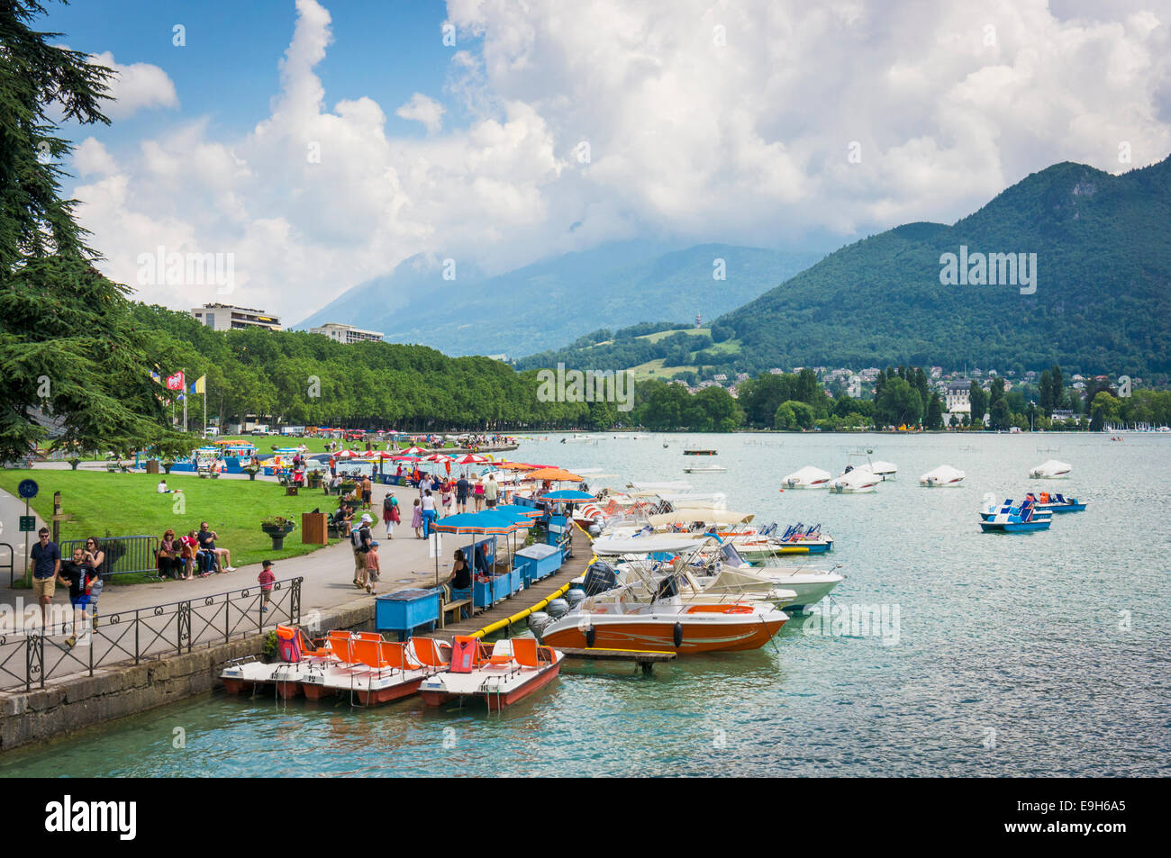 View of Lake Annecy, France, Europe with boats Stock Photo