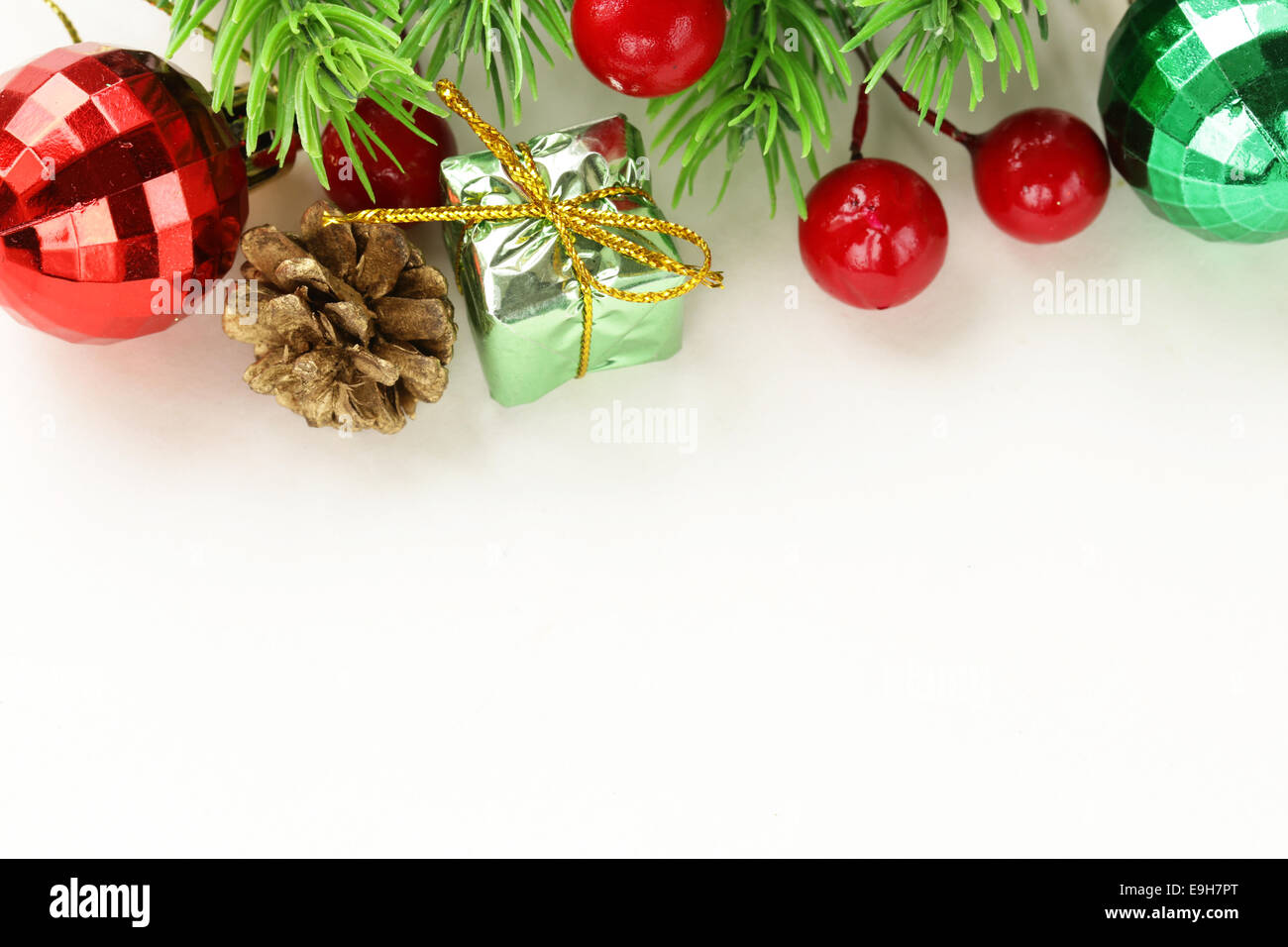 Christmas white background with fir tree and decorations Stock Photo ...