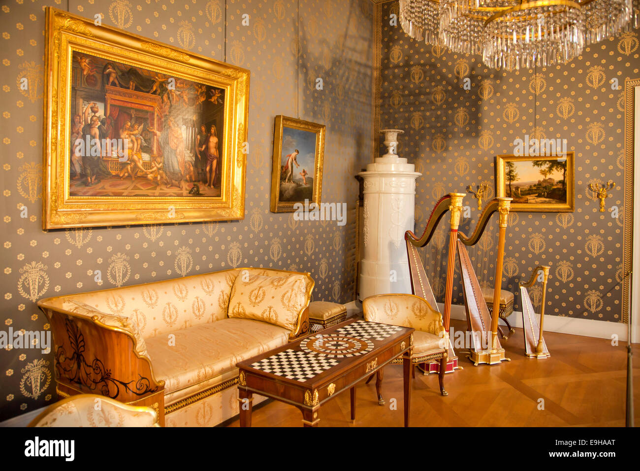 Music room with period instruments at the Munich Residence, Munich, Upper Bavaria, Bavaria, Germany Stock Photo