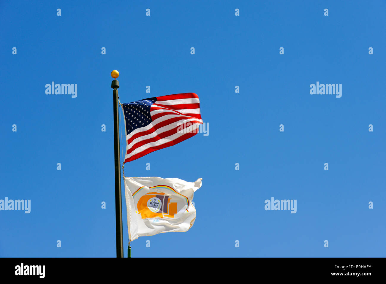U.S. Flag and Navajo Flag, Flagstaff, Arizona, United States Stock Photo