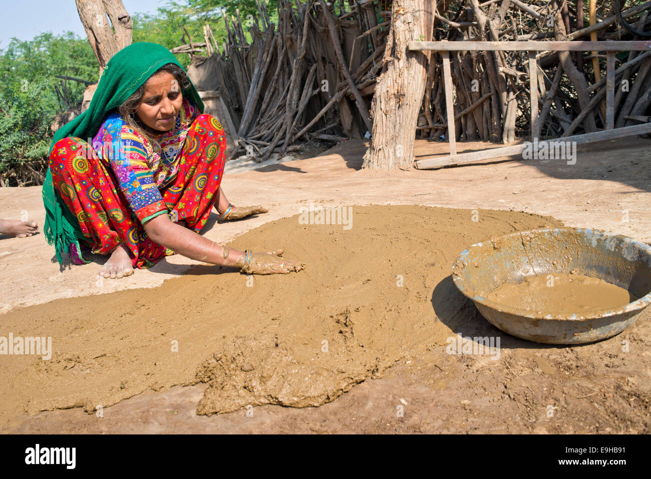 Woman in traditional dress plastering the floor of a courtyard with a mixture of water, sand and cow dung, Rann of Kutch Stock Photo