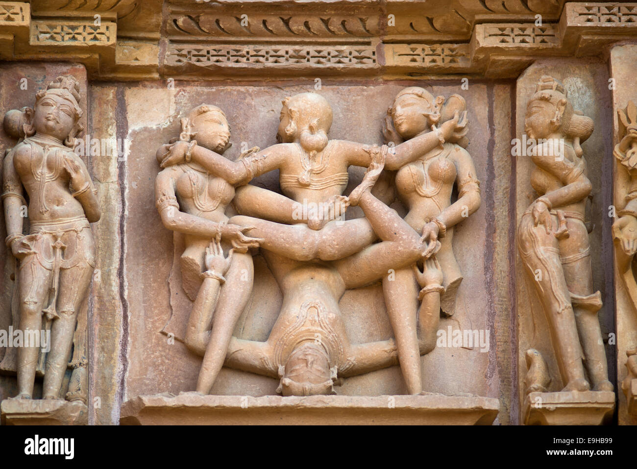 Relief depicting an erotic scene, Kandariya Mahadeva Temple, Western Group, Khajuraho Group of Monuments Stock Photo