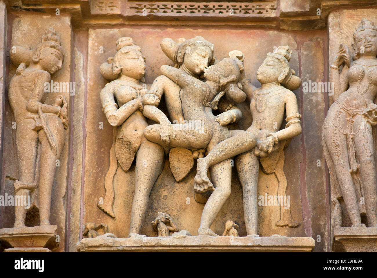 Relief depicting an erotic scene, Kandariya Mahadeva Temple, Western Group, Khajuraho Group of Monuments Stock Photo