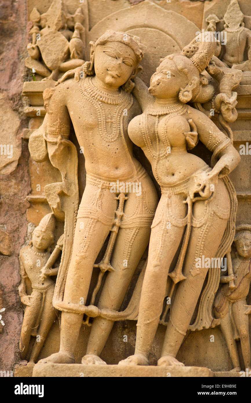 Relief depicting two lovers, Kandariya Mahadeva Temple, Western Group, Khajuraho Group of Monuments, UNESCO World Heritage Site Stock Photo