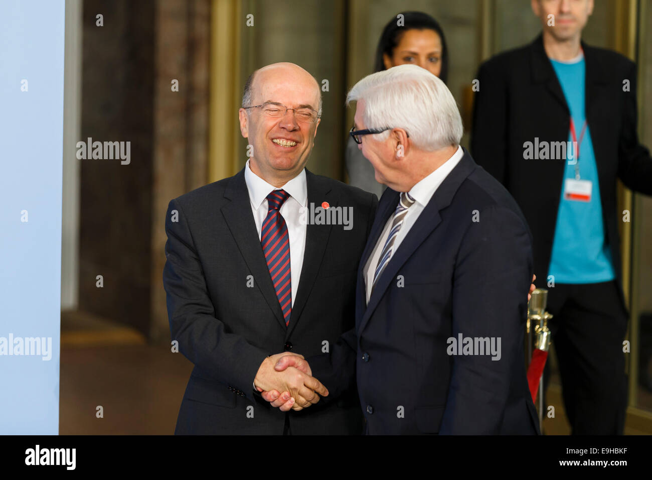 Berlin, Germany. 28th Oct, 2014. Arrival of Heads of Delegation who did not participate in “International Support Group for Lebanon”  meeting Welcomed by Foreign Minister Steinmeier during the Conference on the Syrian Refugee Situation – Supporting Stability in the Region Berlin realized at At the German Foreign Officce on October 28th, 2014 in Berlin, Germany. / Picture: Naci Koru, Stellvertretender Außenminister, and Frank-Walter Steinmeier (SPD), German Foreign Minister. Credit:  Reynaldo Chaib Paganelli/Alamy Live News Stock Photo