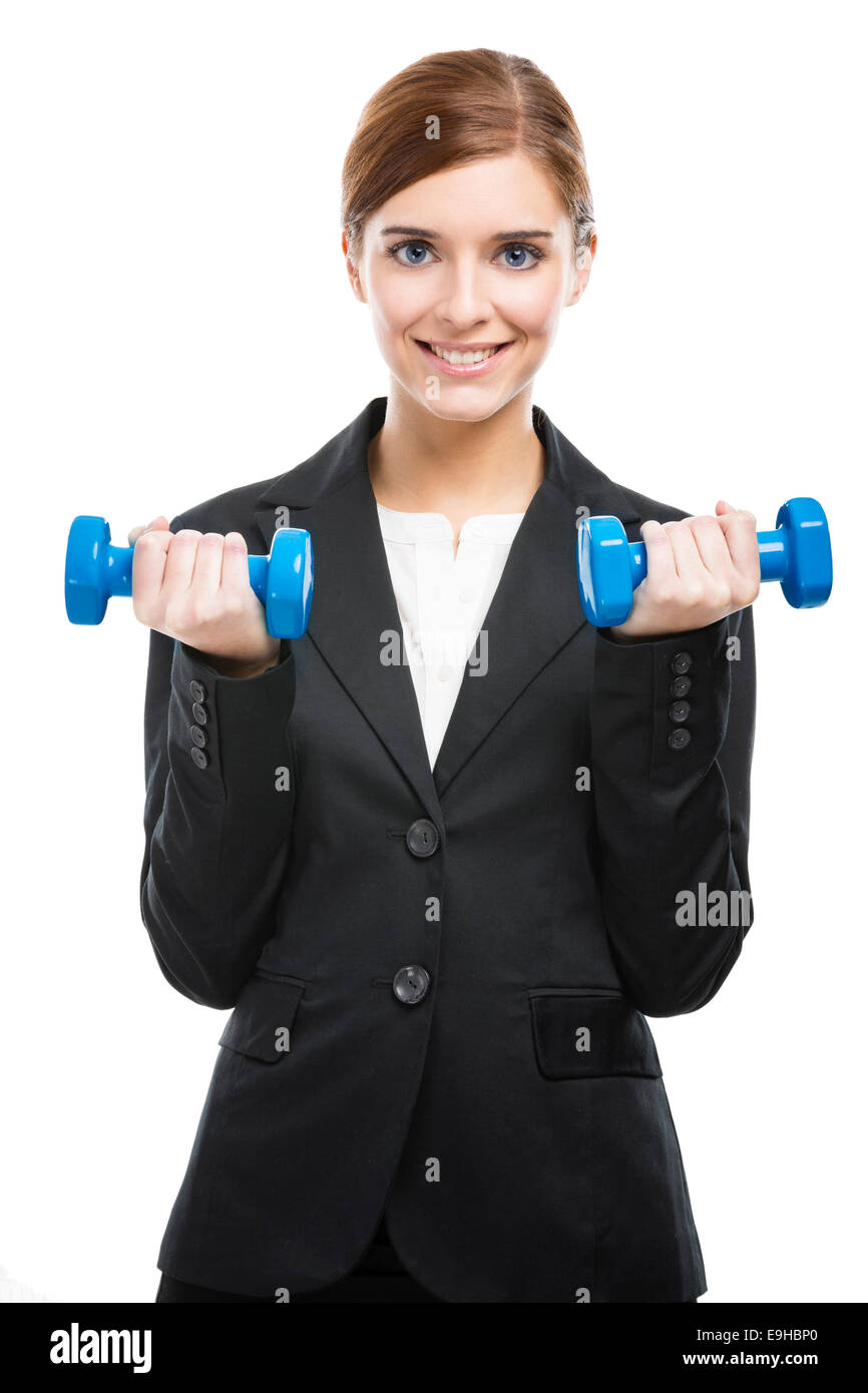 Beautiful and young business woman lifting weights and smiling