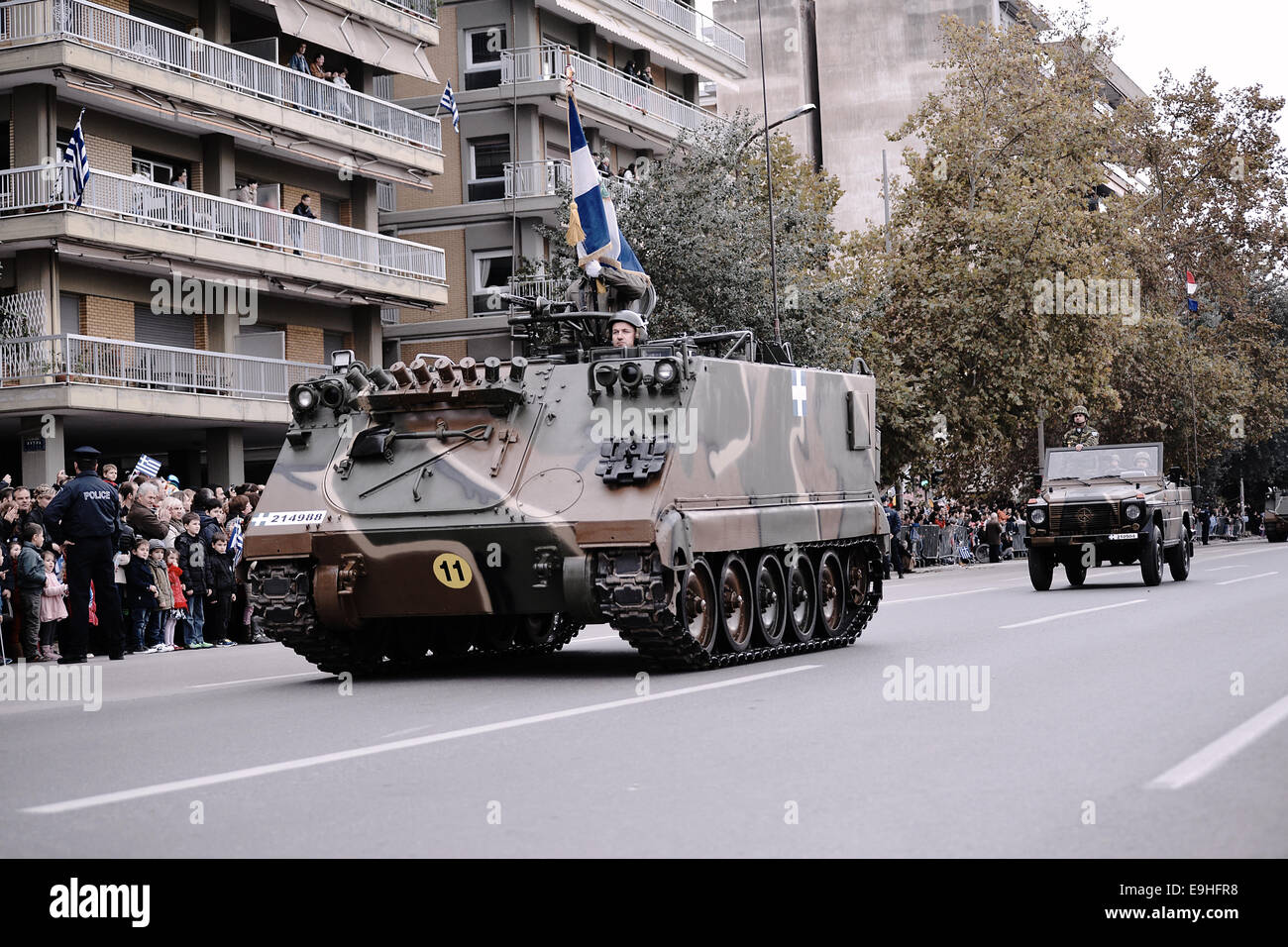 Thessaloniki, Greece. 28th October, 2014. A M113 Vehicle of the Greek Army during a military parade that was held in Thessaloniki due to the celebrations of the 28th of October anniversary, the date that Greece entered the World War II in 1940. Credit:  Giannis Papanikos/Alamy Live News Stock Photo
