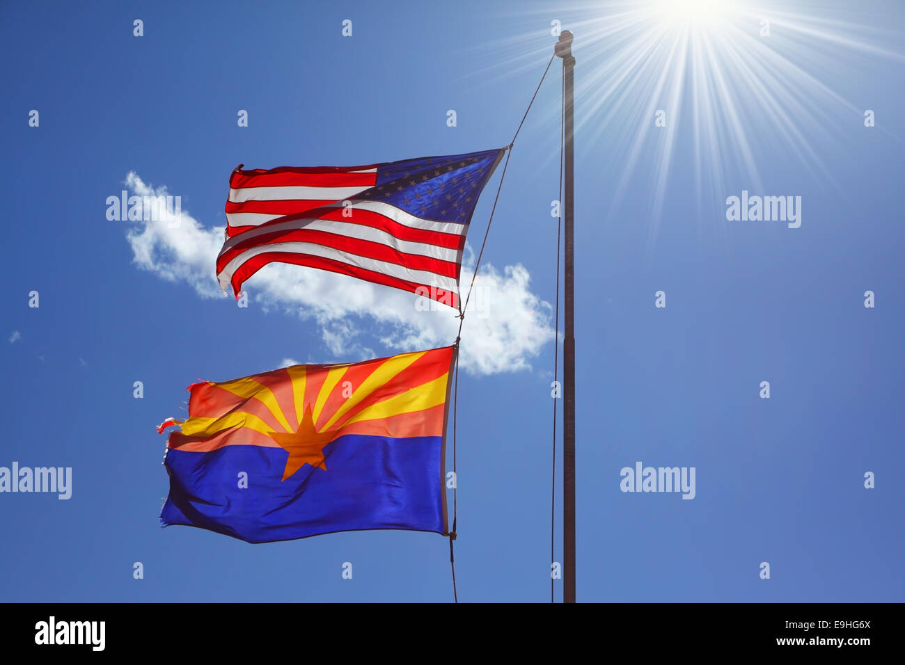 Flags  are against the shining sun Stock Photo