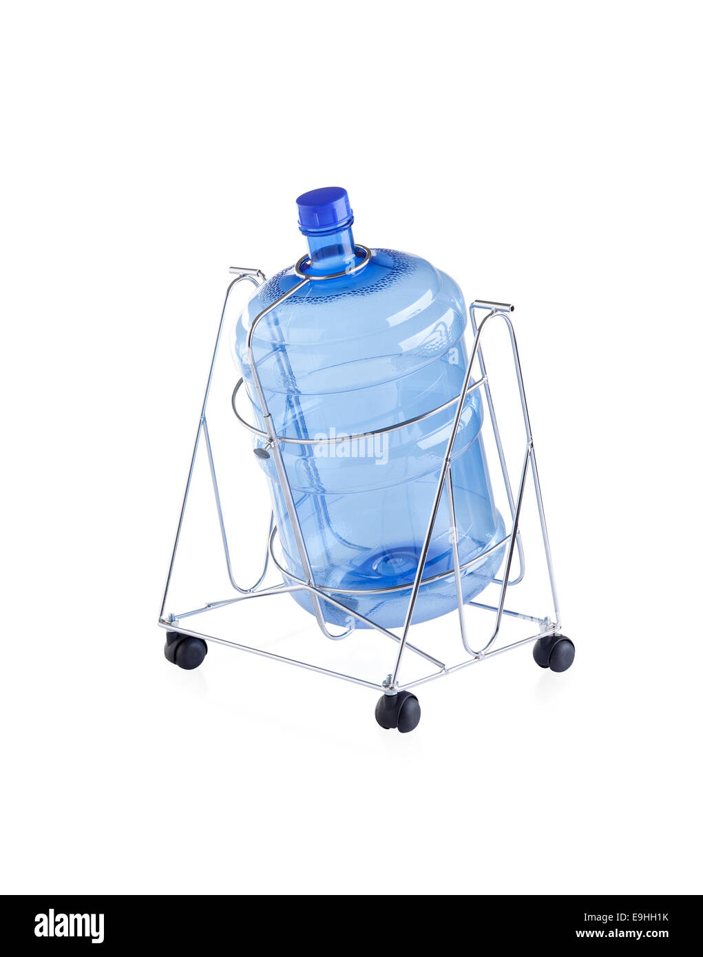 Empty water bottle on steel stand with wheels isolated on white Stock Photo