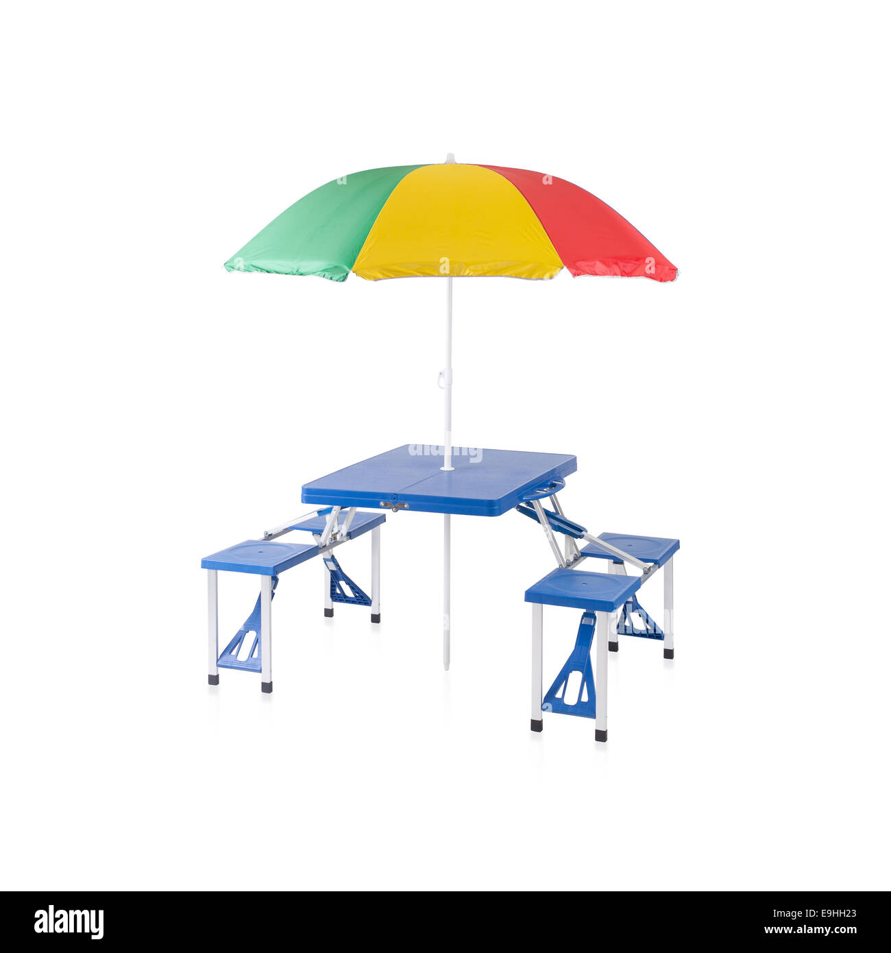 Fold able and portable picnic table with sunshade isolated on white Stock Photo