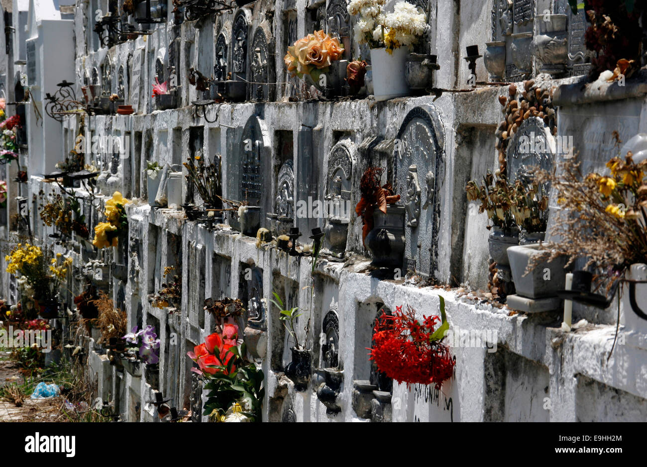 Flowers on the graves in the Cementerio De Mompox in Santa Cruz de Mompox, Colombia Stock Photo
