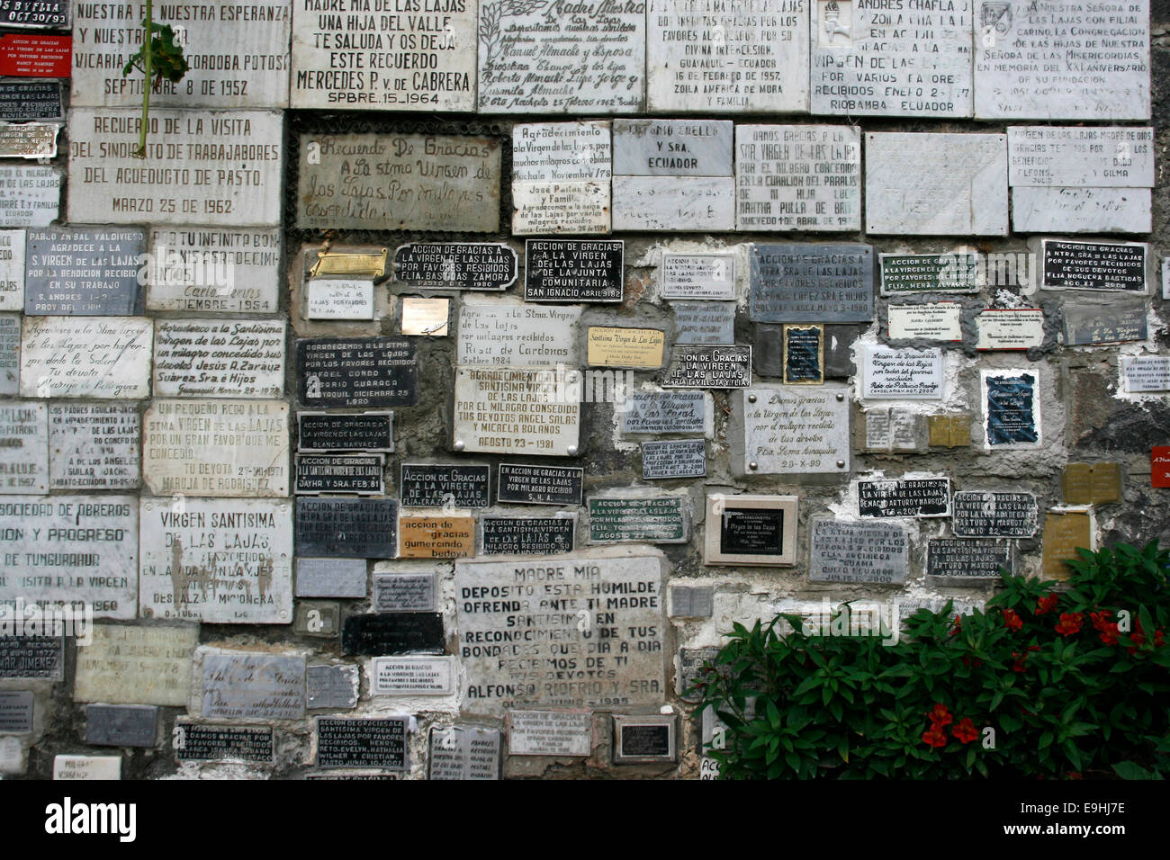 Plaques on the wall at Las Lajas Sanctuary in southern Colombia Stock Photo
