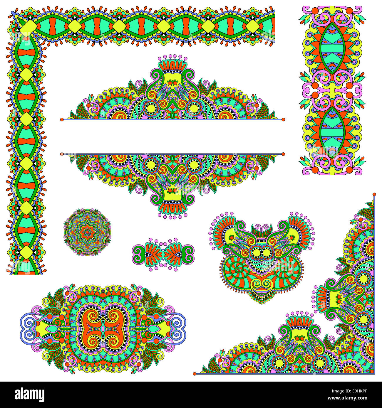 set of paisley floral design elements for page decoration, frame, corner,  divider, circle snowflake, stripe pattern, vector illu Stock Photo - Alamy