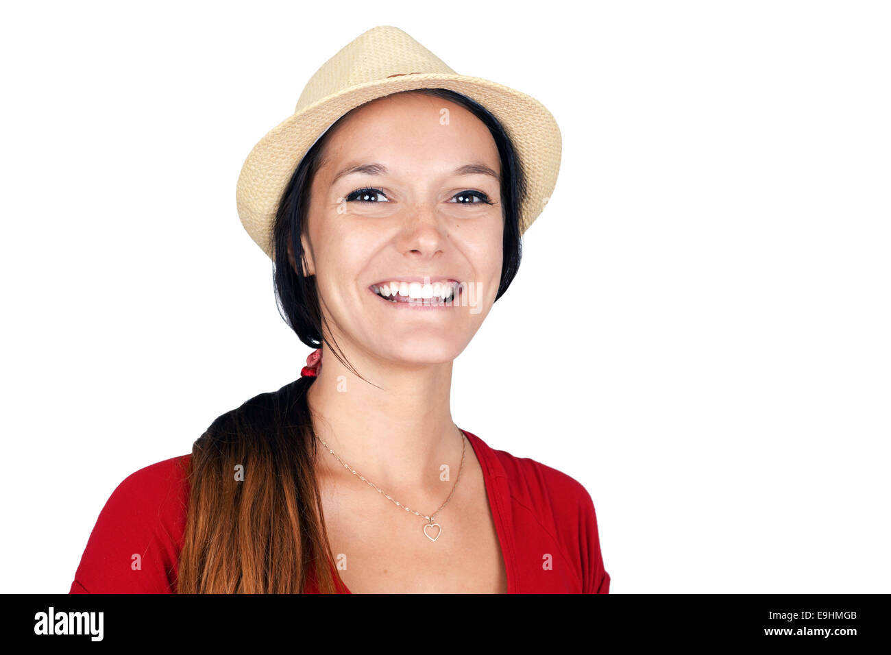 Natural young brunette woman laughing, fedora straw hat Stock Photo