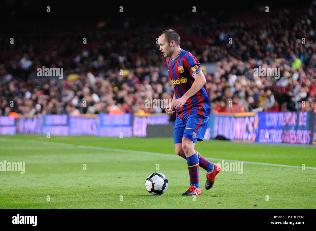BARCELONA - NOV 10: Andres Iniesta, F.C Barcelona player, plays against Cultural Leonesa at the Camp Nou Stadium. Stock Photo