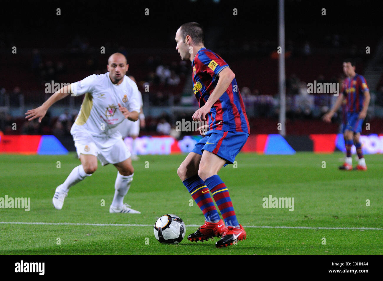 BARCELONA - NOV 10: Andres Iniesta, F.C Barcelona player, plays against Cultural Leonesa at the Camp Nou Stadium. Stock Photo