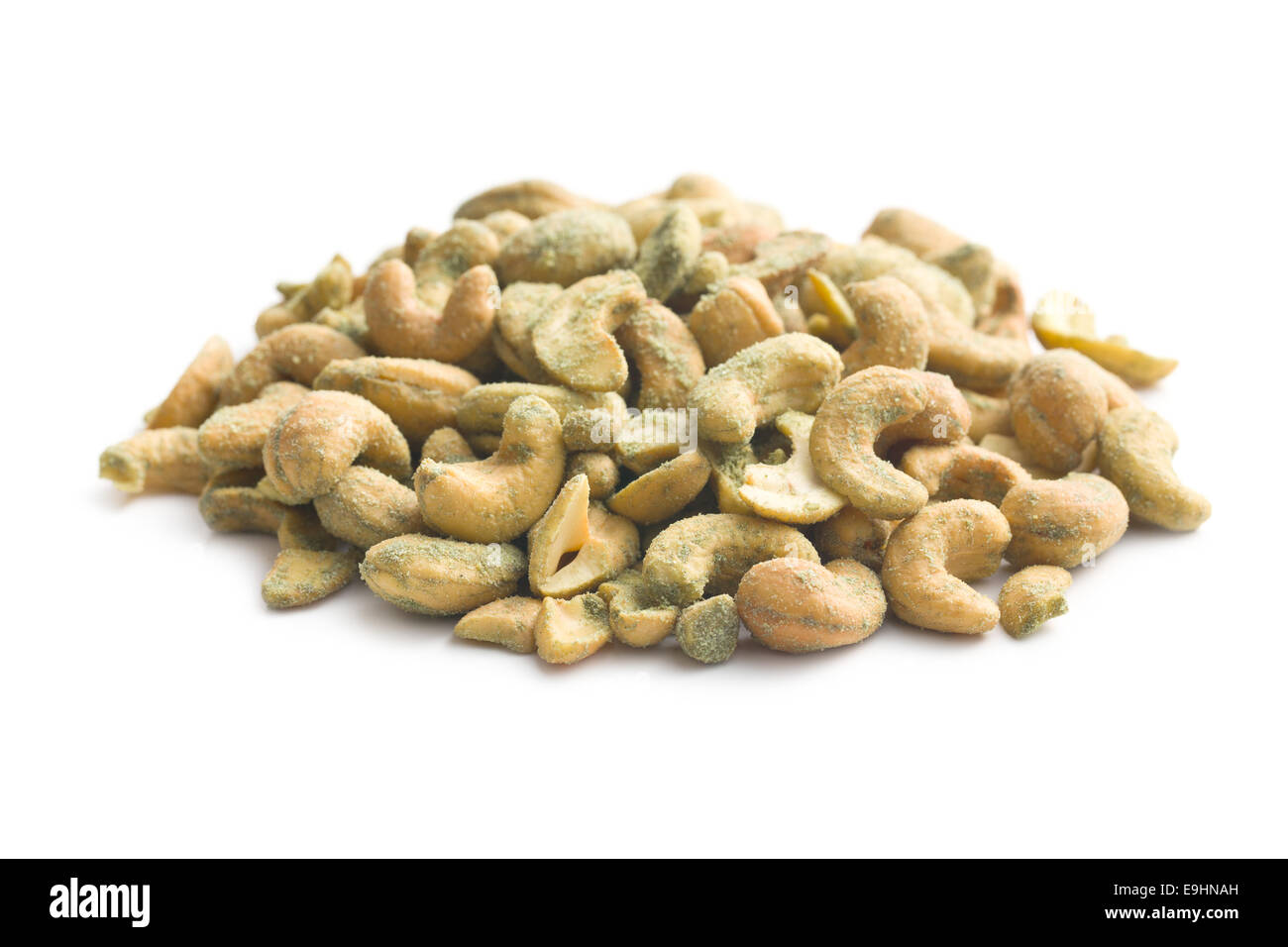 cashew nuts coated wasabi on white background Stock Photo