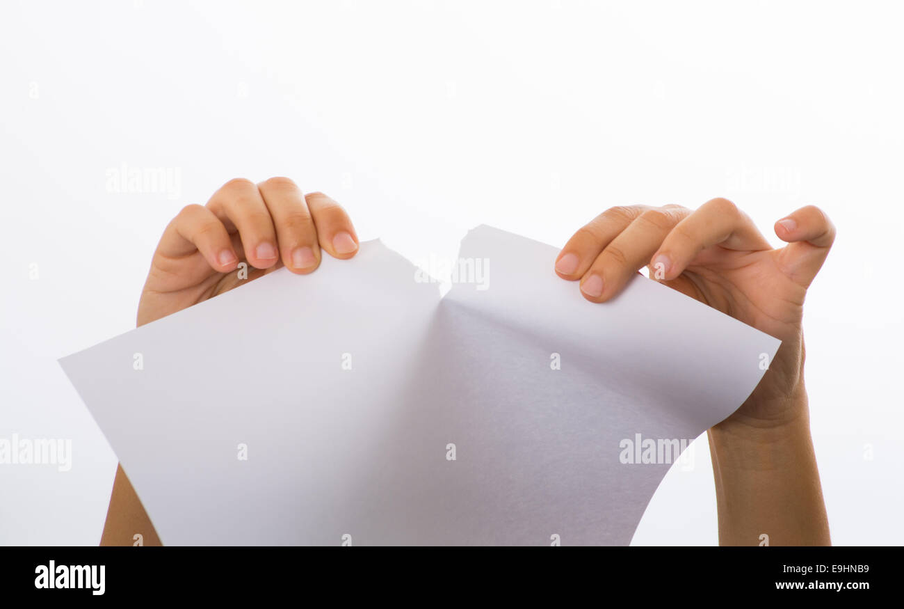 woman tearing sheet of white paper Stock Photo Alamy