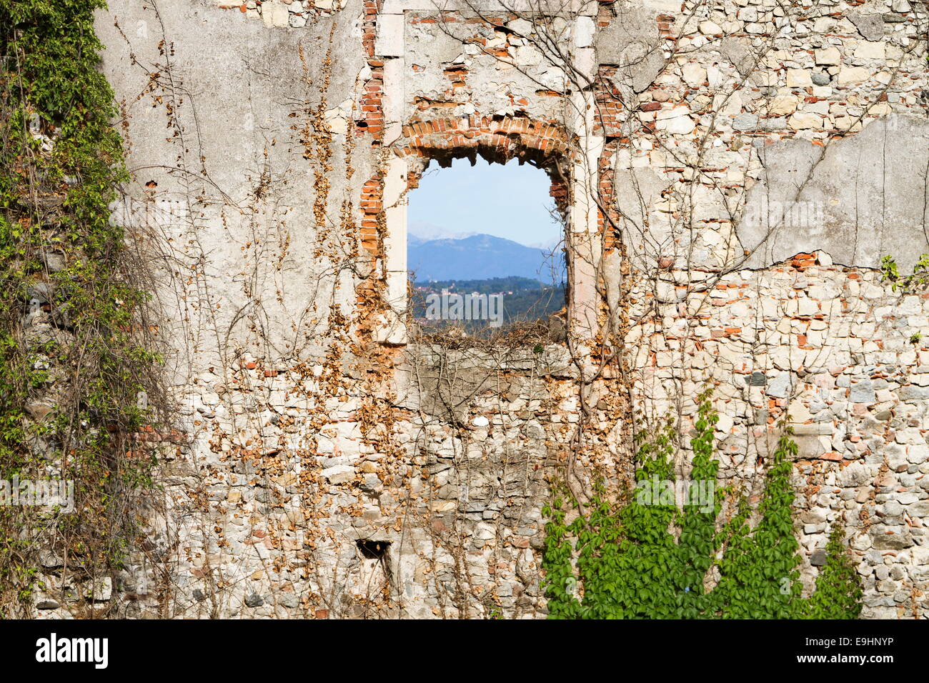 ruined castle wall with window Stock Photo