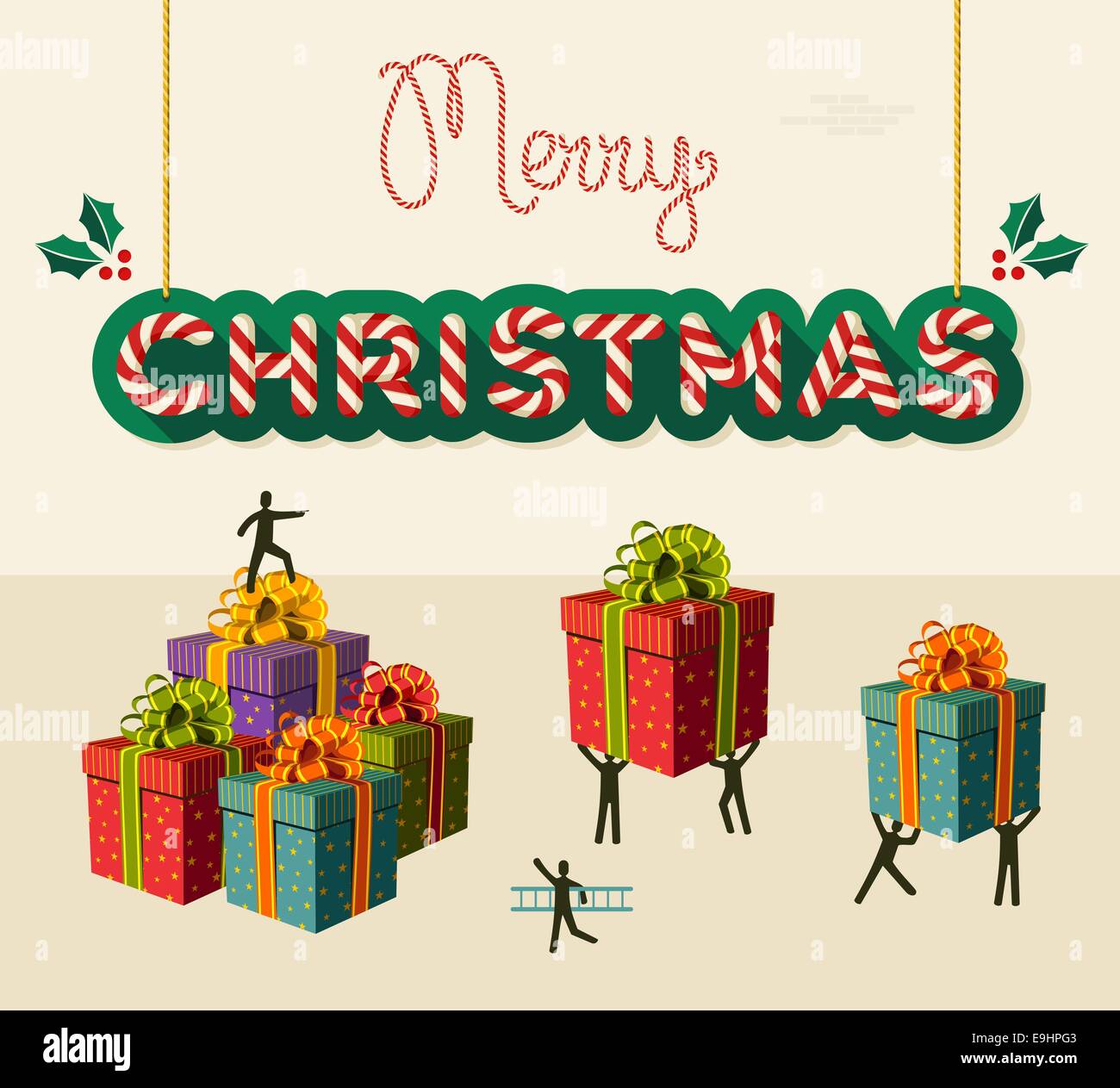 Xmas teamwork prepare gifts for Christmas business greeting card. EPS10 vector illustration organized in layers for easy editing Stock Photo