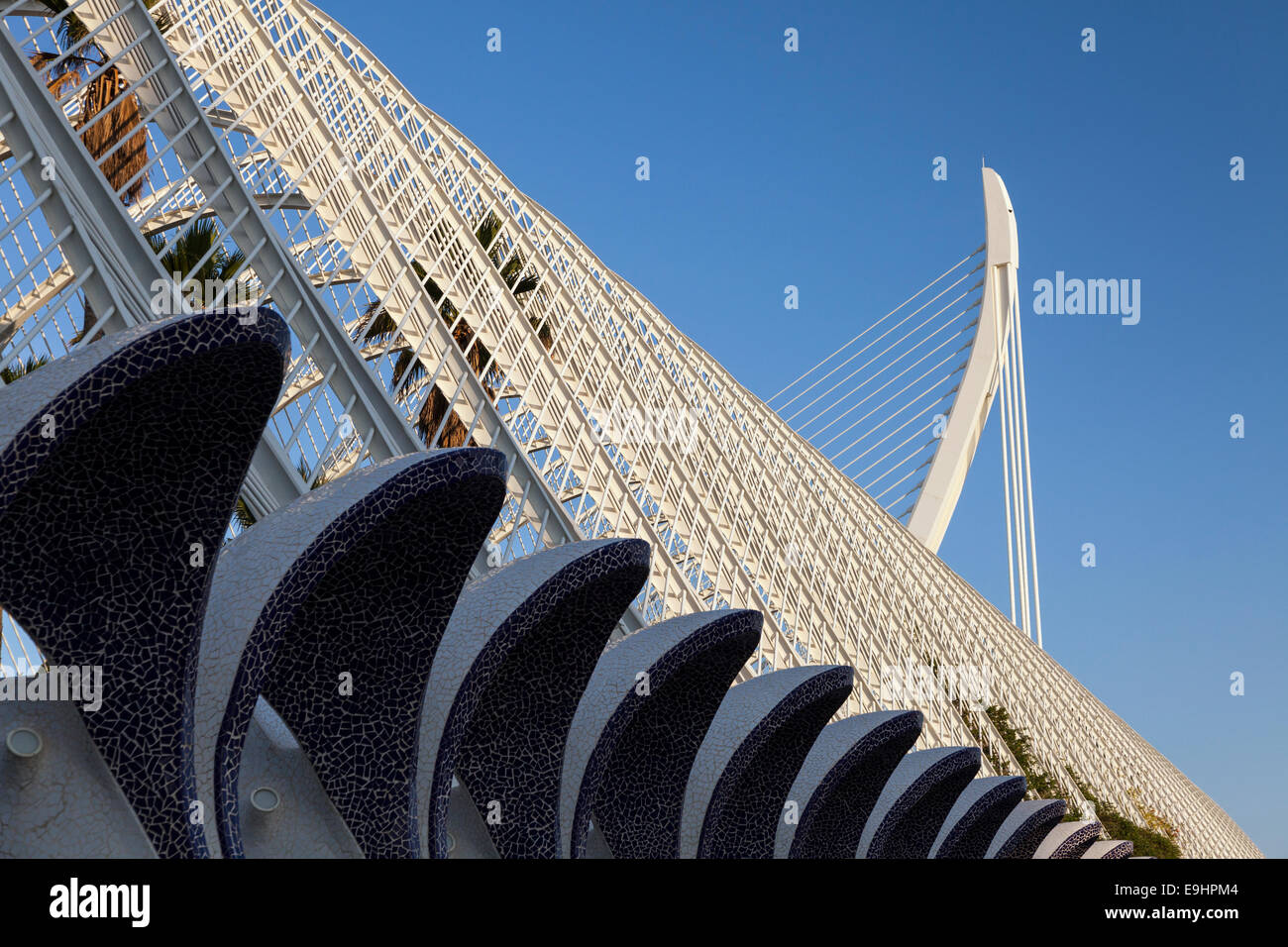 Abstract detail of the Umbracle and the top of the Pont del Grau bridge in the Ciudad de Las Artes y Las Ciencias in Valencia, S Stock Photo