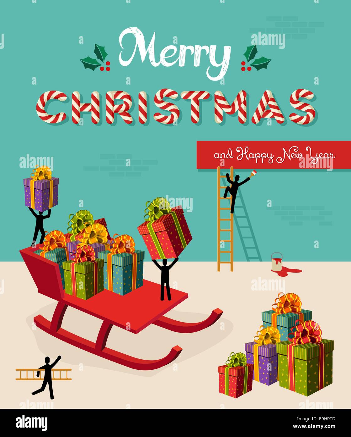 Santa teamwork prepare Merry Christmas and Happy New Year gifts. Xmas creative concept design illustration organized in layers f Stock Photo