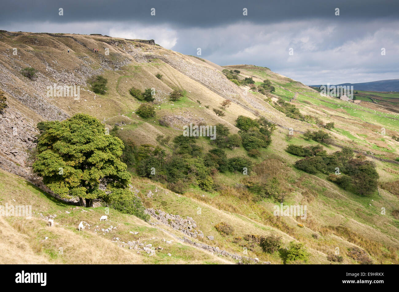 Cracken edge quarries near Chinley in Derbyshire. Sunlight on the slopes of the hill with a dark sky overhead. Stock Photo